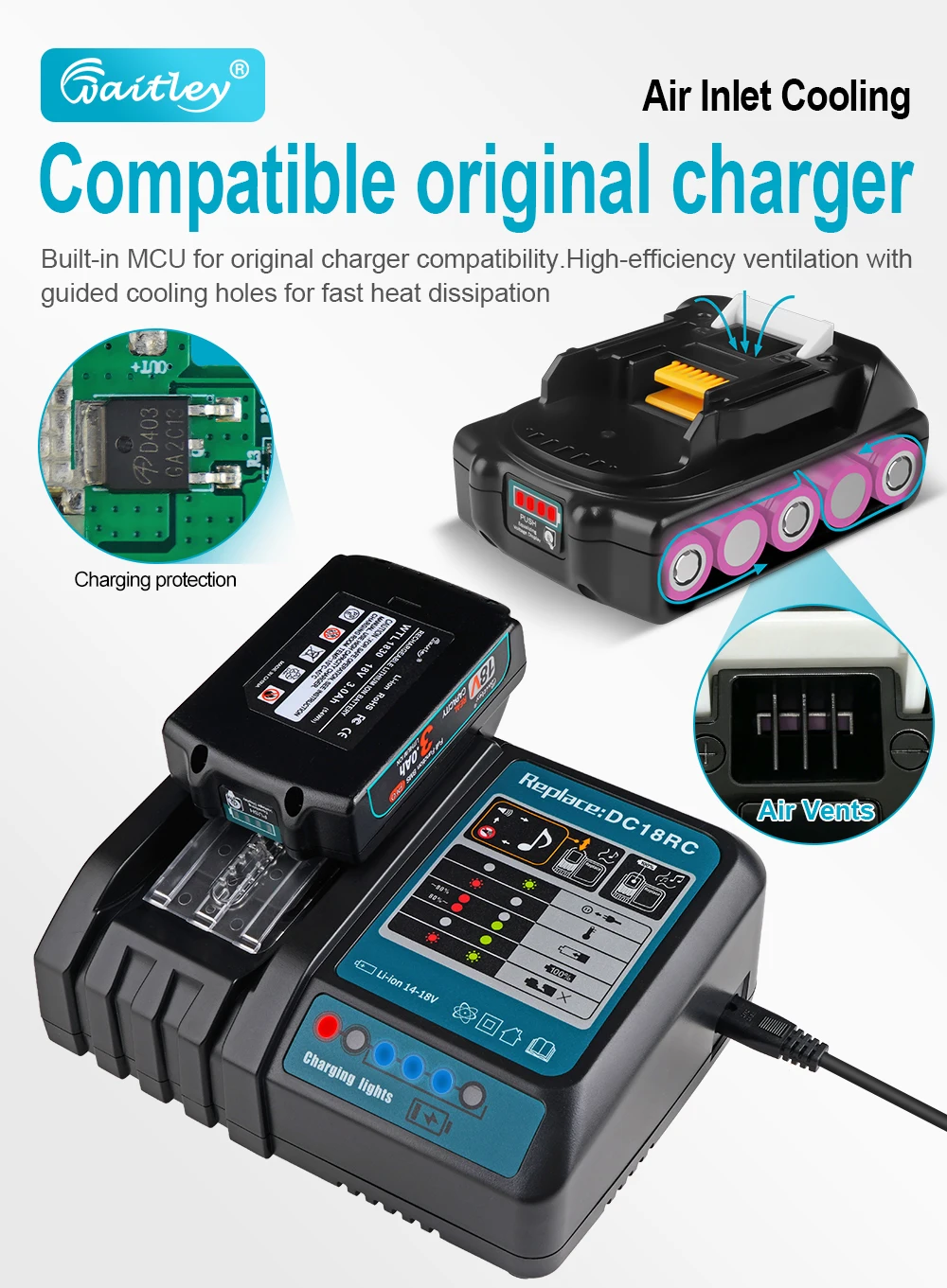 2PCS Waitley Batterie Pro Für Makita 18V Power Tools BL1830 Wiederaufladbare batterien Mit Samsung zellen/Ersatz Zubehör – Detail 7