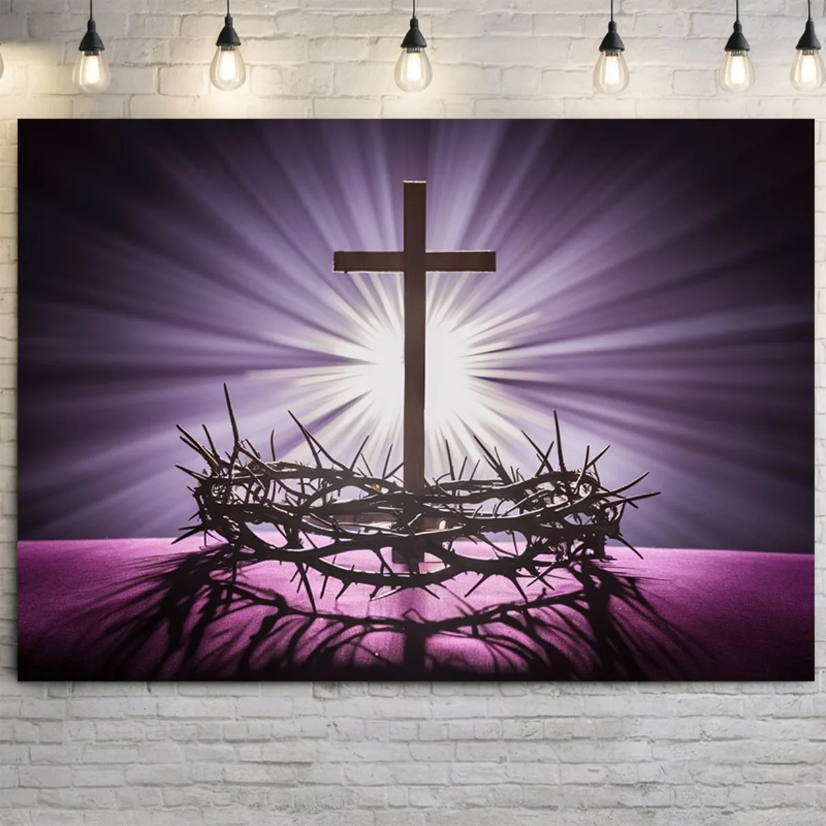 Biblical Cross and Thorns Tapestry Wall Hanging Christian Spiritual Art Purple Divine Light Decor Religious Room Decoration Gift