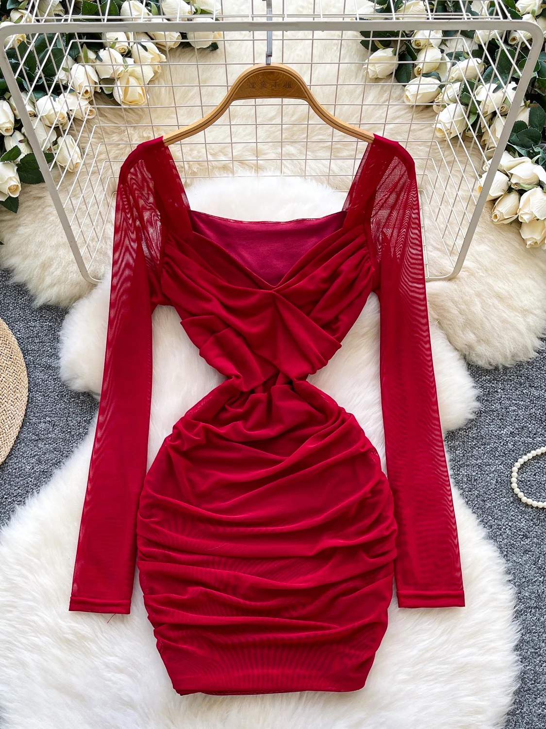 

Sexy V-ne Knot Long Sve Me Dr Women's High Waist Pleated Bodycon Skirt Ci Commute Sle A-line Silhouette