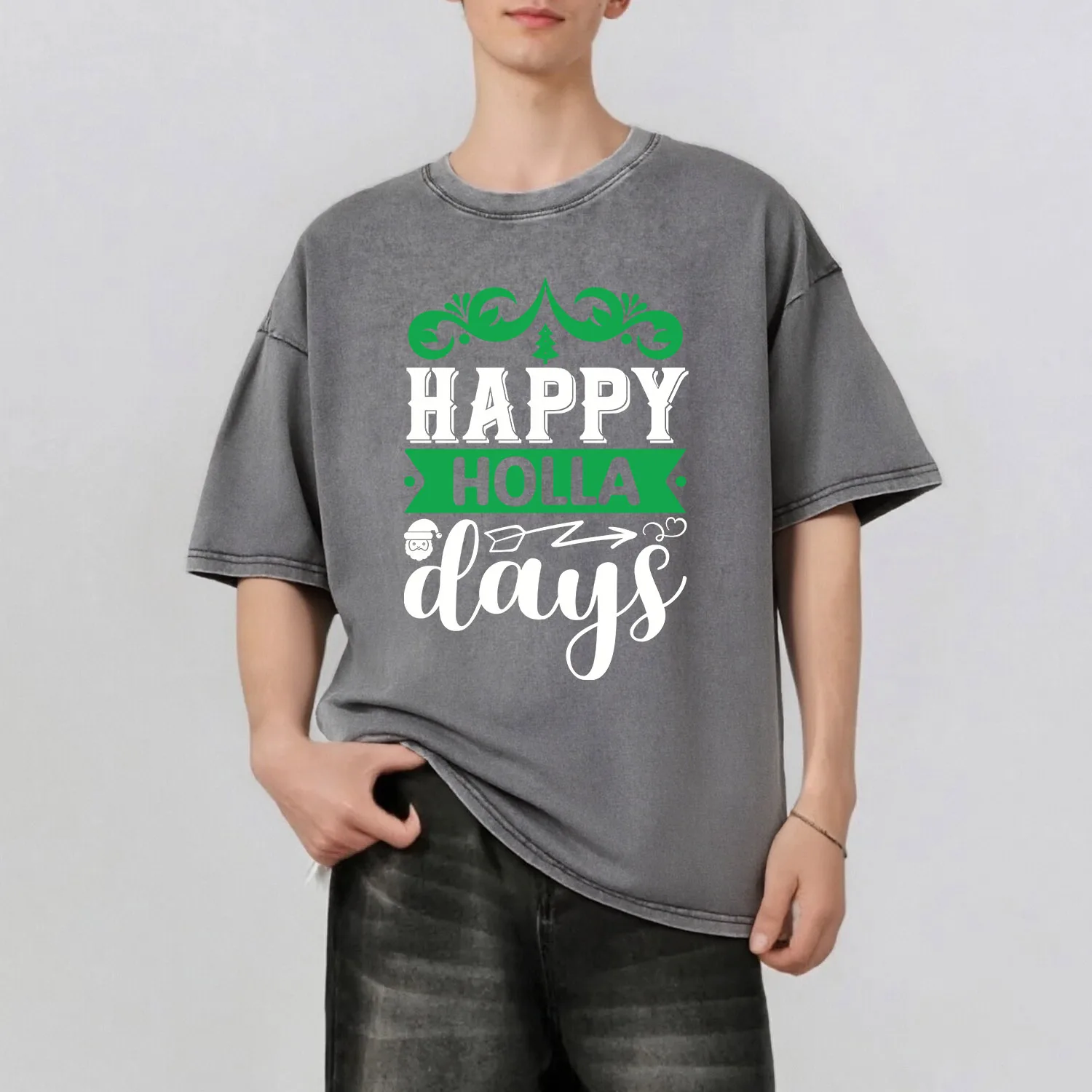 

Christmas letter Graphic Printing Men's Summer Retro Style Washed Water T-Shirt Casual Short Sleeved Basic Men's Top 230G