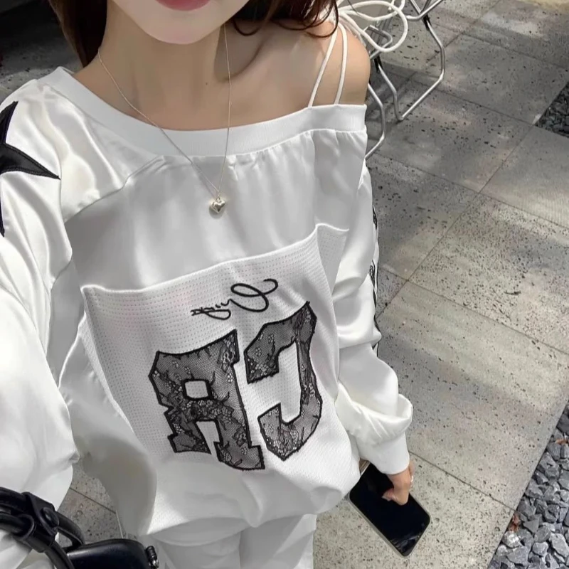 Y2k Ästhetische Spitze Brief Hoodie Frauen Skew Kragen Spitze Up Streetwear Hoody Harajuku Vintage Übergroßen Streifen Langarm Tops