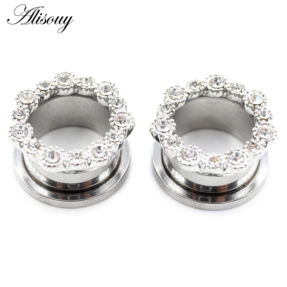 Alisouy 2 Stück Edelstahl Blume Zirkonia Mond Stern Uhr Herz Schraube Ohr Tunnel Plugs Expander Messgeräte Körper Piercing Schmuck – Detail 4