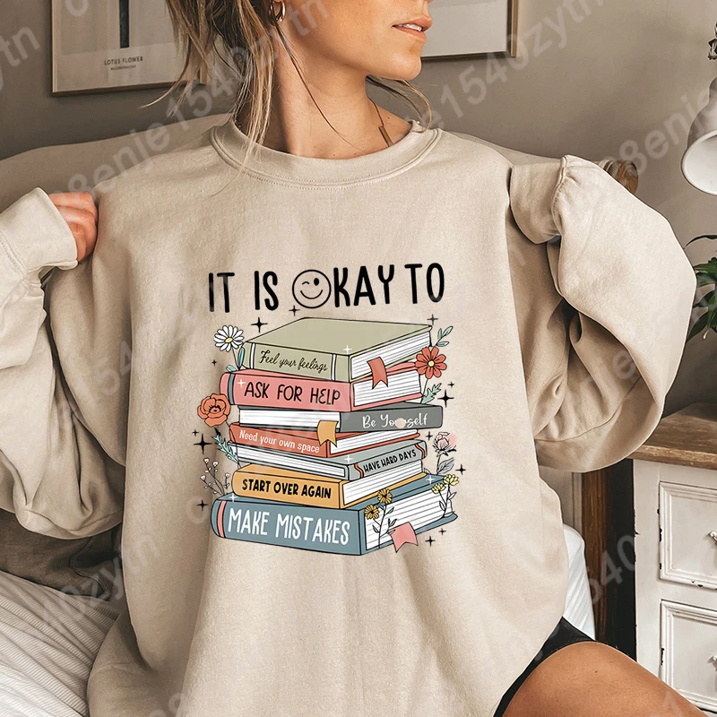 Women's Crew Neck Long Sleeve Casual Books & Letter Print Sweatshirt, Loose Casual Pullovers, Graphic Oversized Sweatshirts