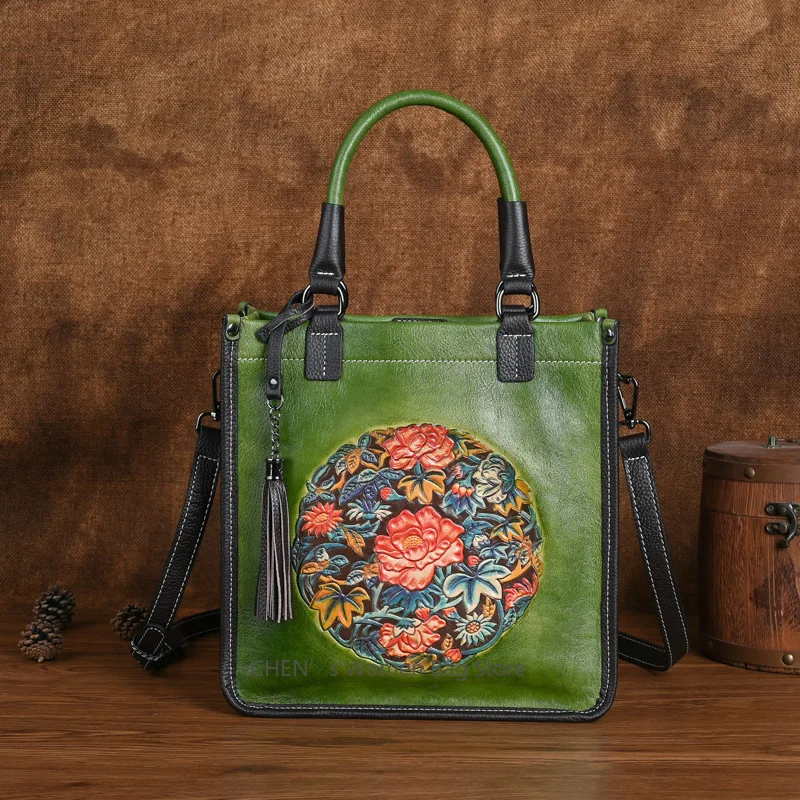 

Chinese Style Retro Embossed Women Bag Genuine Leather 2025 New Versatile Real Cowhide Large Capacity Shoulder Bags