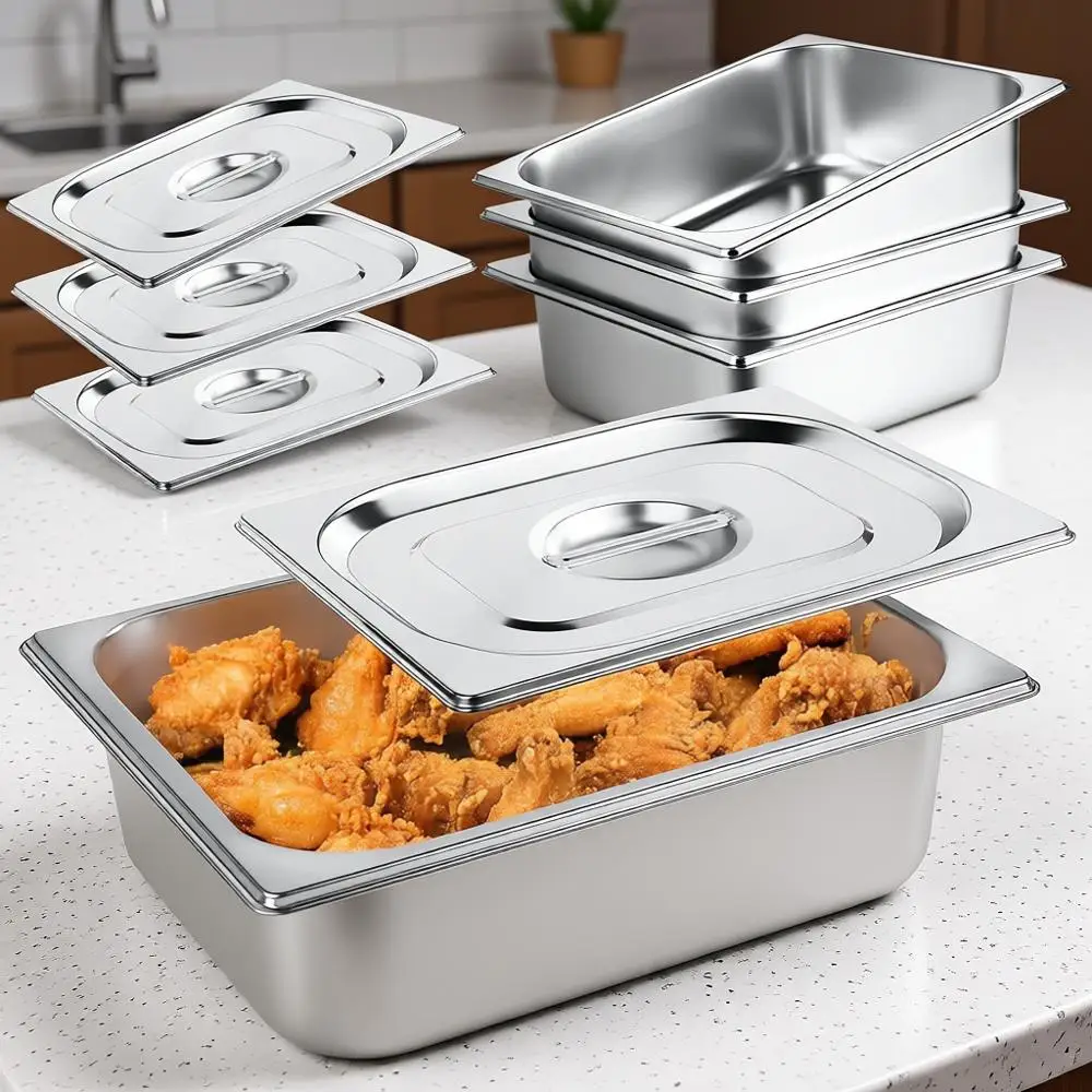 

4 Pack 1/2 Size Hotel Pan with Lids, 4 Deep Steam Table Pan, 12.8L x 10.4W Stainless Steel Pans for Home, Party, Hotel, Buffet