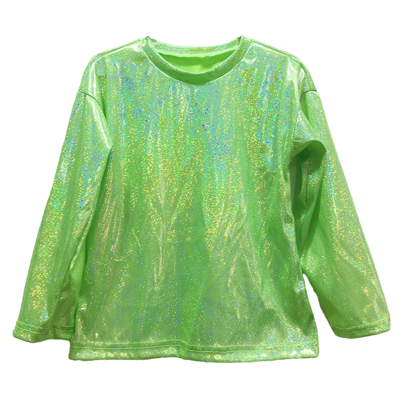 Abbigliamento per bambini adulti Costumi di danza jazz hip-hop per bambini T-shirt metallizzata lucida di Halloween Top da ballo scintillanti Manica lunga da strada
