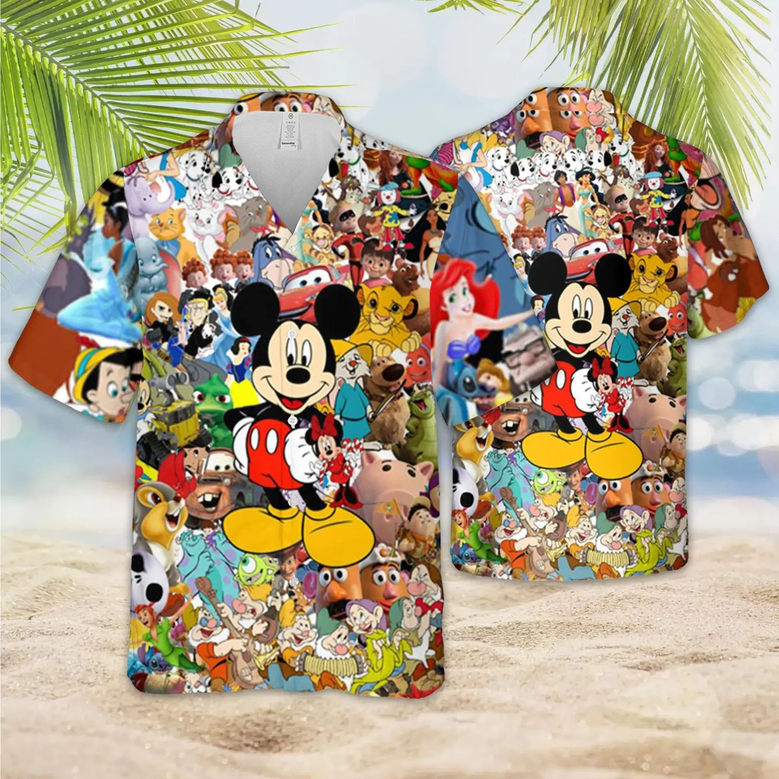 Miniso Mickey Mouse Hawai kemeja kasual pria wanita, kemeja lengan pendek berkancing Disney keluarga gaya pantai modis