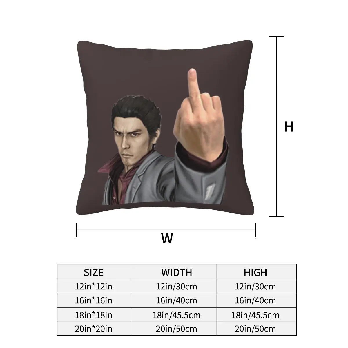 Kazuma Kiryu Middle Finger Square Pillowcase Pillow Cover Cushion Zip Decorative Comfort Throw Pillow for Home Bedroom