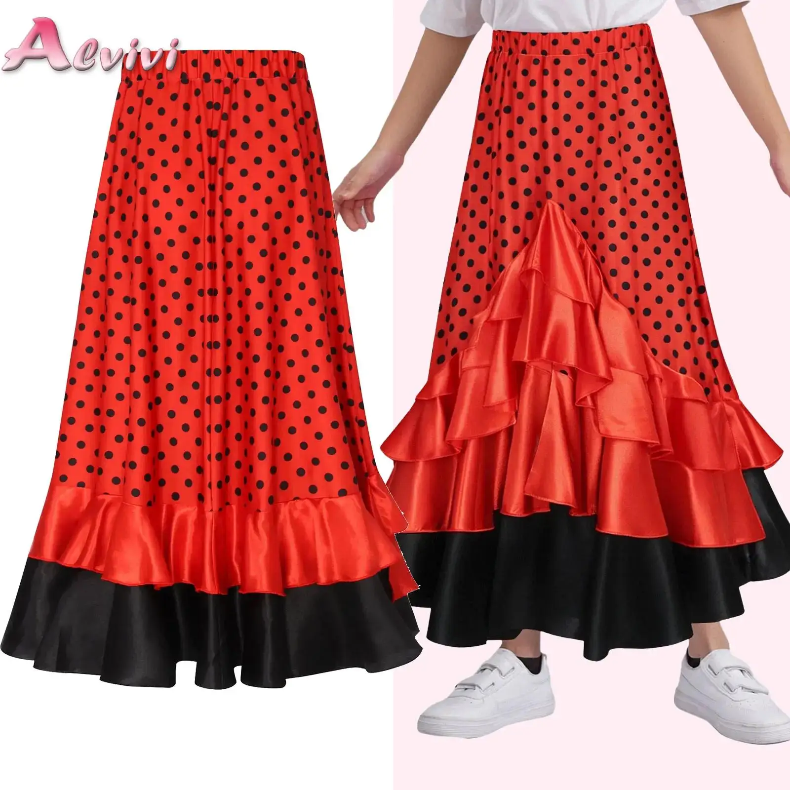 

Kids Girls Spanish Flamenco Skirt Polka-Dot Layered Ruffled Long Skirt for Waltz Dance Performance Competitions Halloween