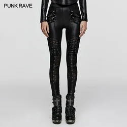 PUNK RAVE Women's Punk Geometrically Divided Textured Knit & Spliced Basic Leggings gothic Sexy Cross Trousers