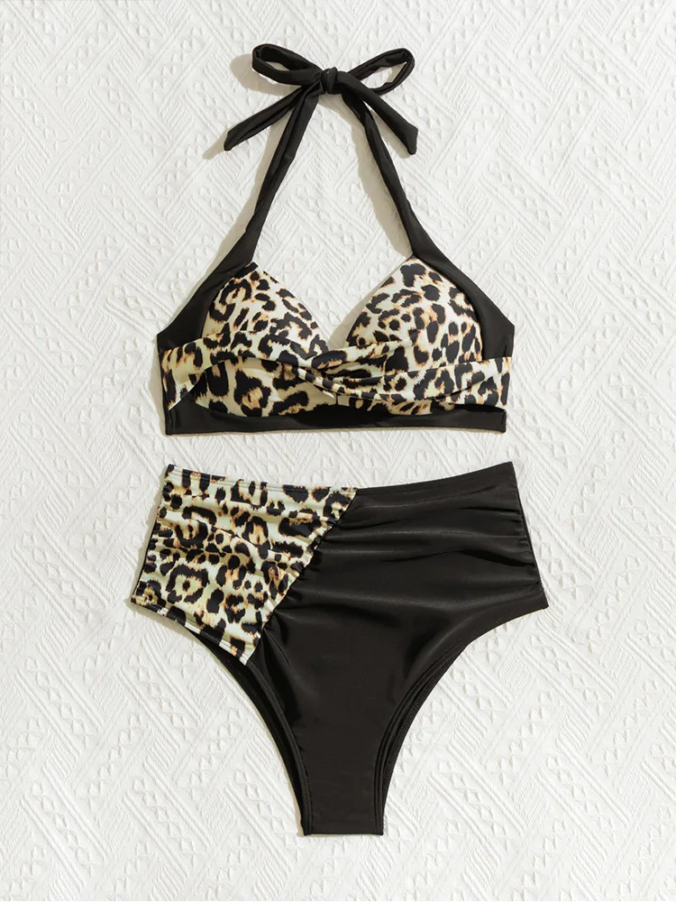 Sexy Leopard Lace Up Bikinis 2 Piece Set Women Split Swimsuit High Waist Beach Bikinis 2026 New Summer Swimwear Bikinis Set