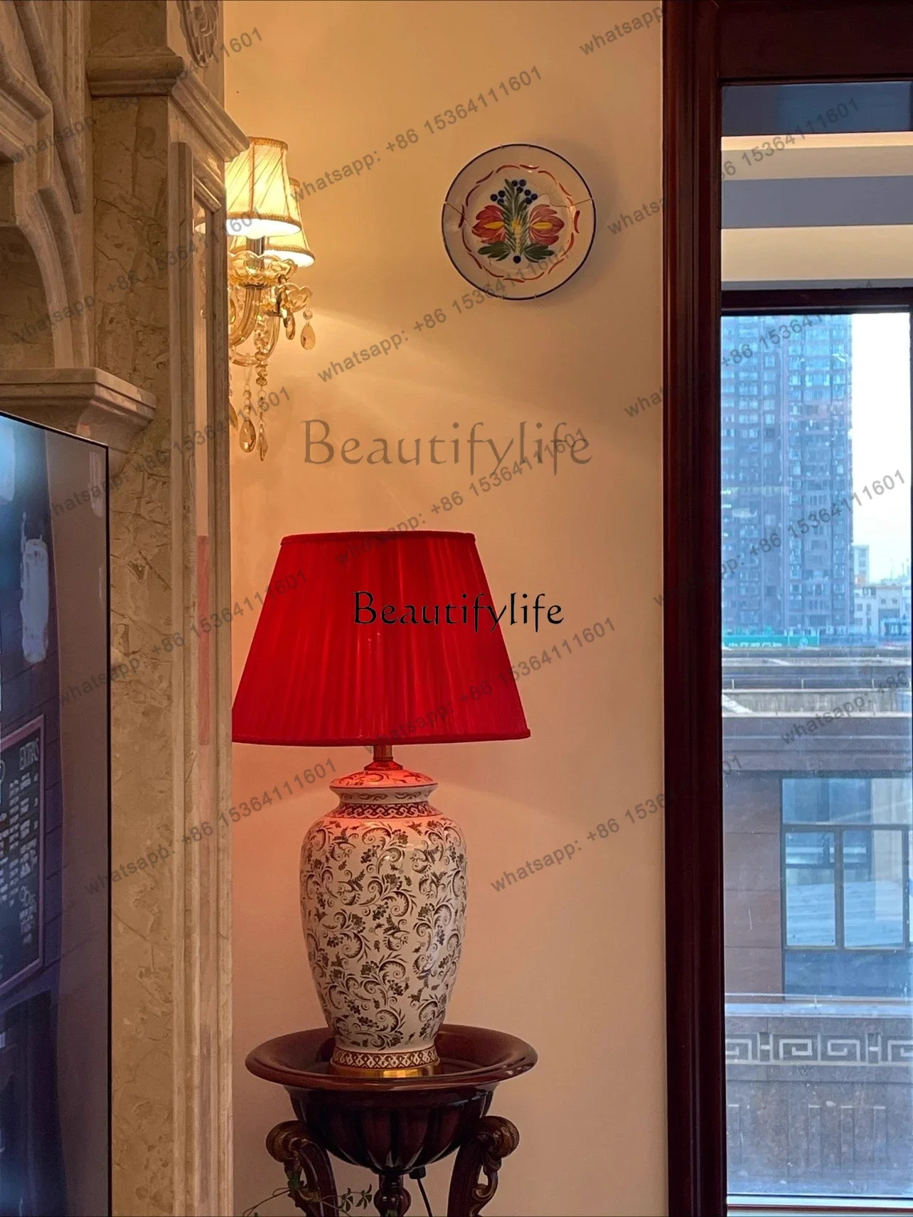 FG43-American retro design pattern ceramic luminous velvet red ornament cover atmosphere warm light