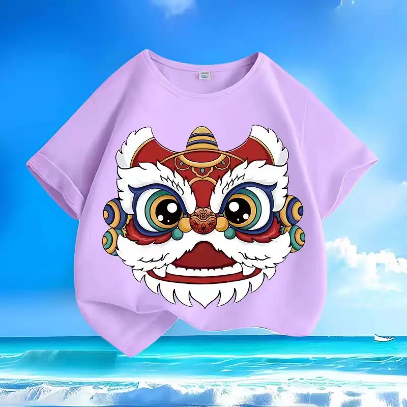 Cute Chinese lion dance pattern children's T-shirt - made of soft cotton, featuring short sleeves with good breathability
