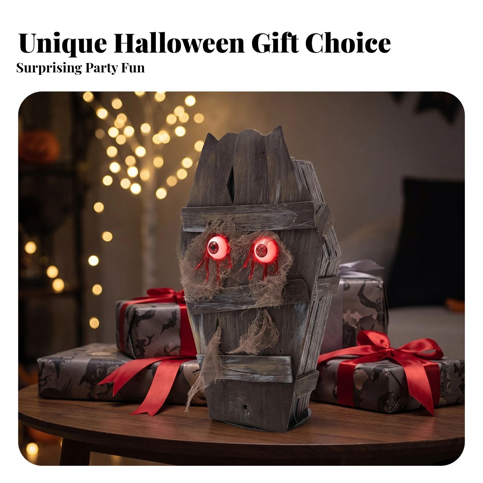 Weathered Finish Haunted Ornament Holiday Decor Walking Casket Monster Illuminated Eyes