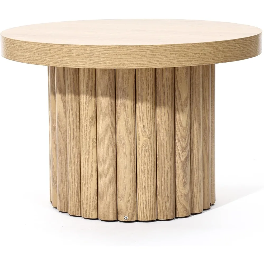 

23.6" Wide Brown Wood Fluted Round Coffee Table Modern Side Table for Living Room Round Wood Accent Table Bedroom Small Table