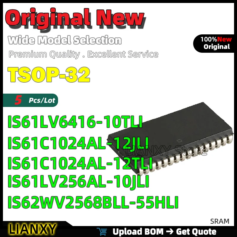 5pcs TSOP-32 IS61LV6416-10TLI IS61C1024AL-12JLI IS61C1024AL-12TLI IS61LV256AL-10JLI IS62WV2568BLL-55HLI SRAM New Original