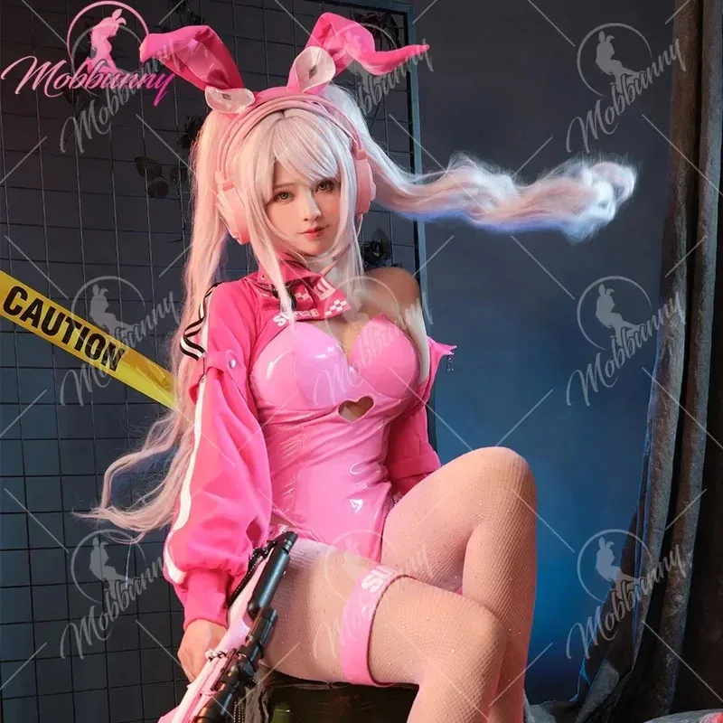 

Mobbunny Women's Alice Derivative Sexy Lingerie Halloween Bunny Costume Bodysuit and Jacket with Fishnet Stockings and Headband