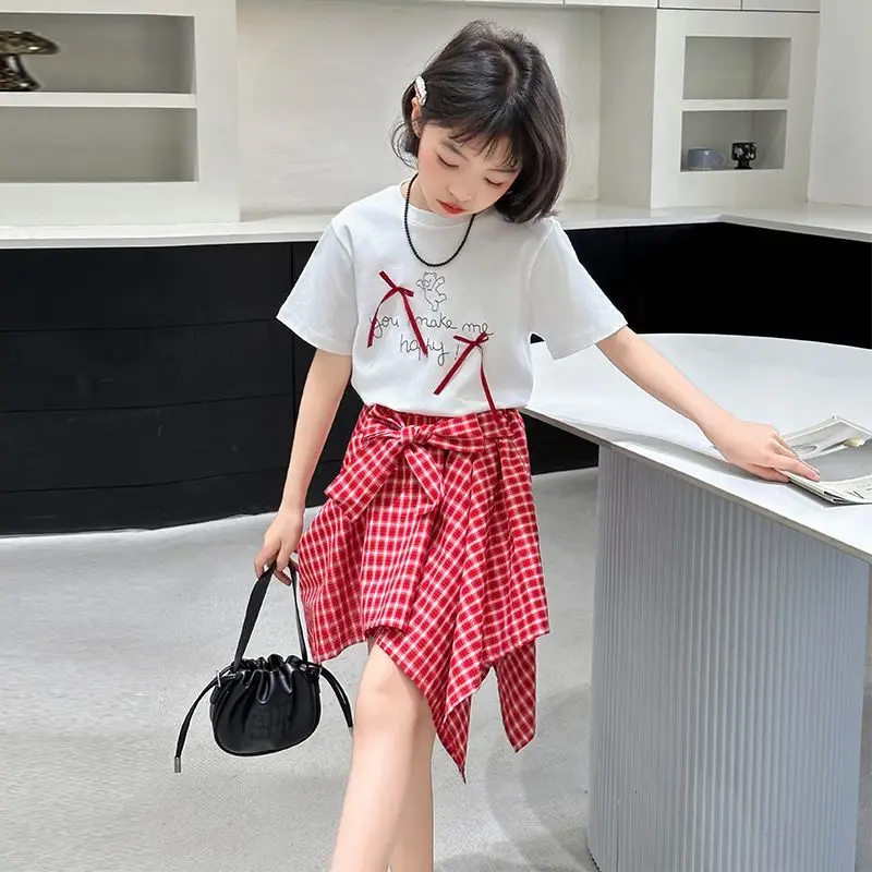 Girl's Summer Two Piece Set Stylish Short Sleeve Plaid Skirt Top Combo for Kids Summer Fashion Mini Skirt Set with Breathable