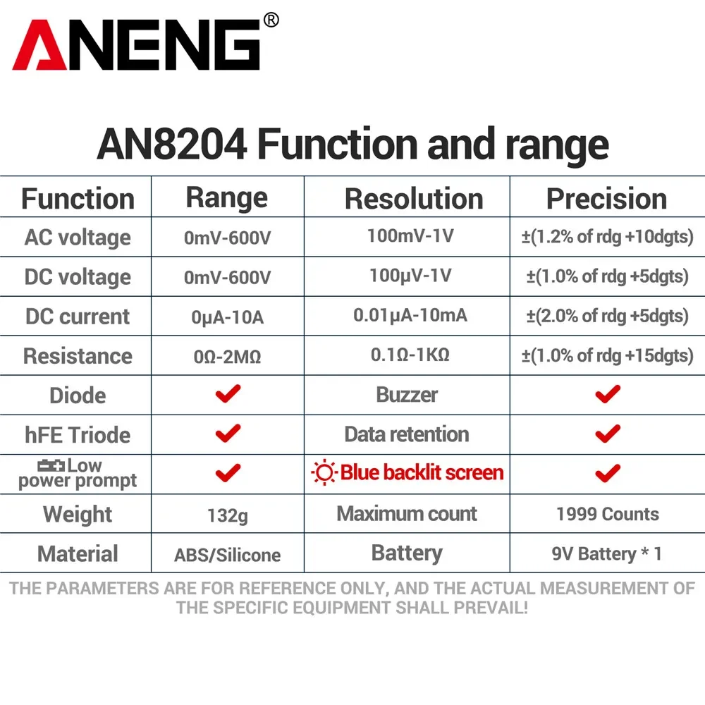 ANENG AN8204 Palm Digital Multimeter hFE Triode Diode Tester Intelligent NCV Voltage Buzzer Meter Anti-burn Maintenance Tools