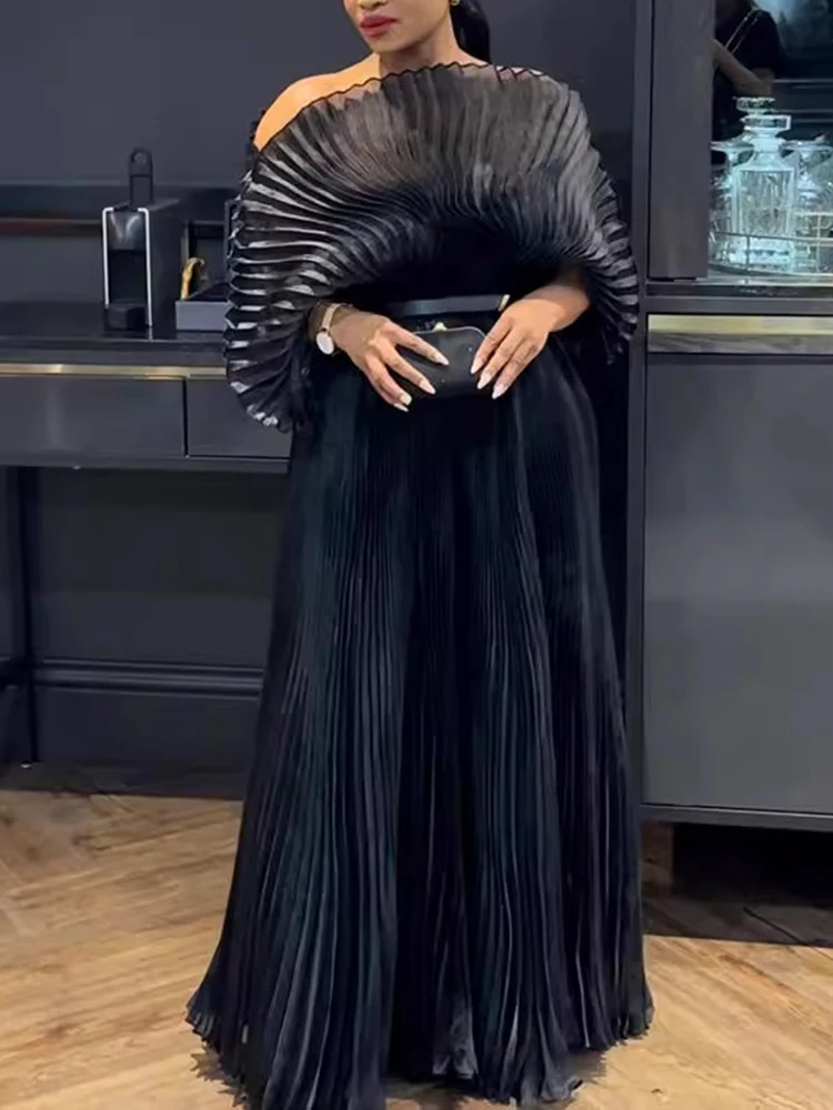 LANMREM High End Pleated Party Dress Women Sleeves Design Solid Gathered Waist A-line Long Dresses Elegant 2024 New 32C1397