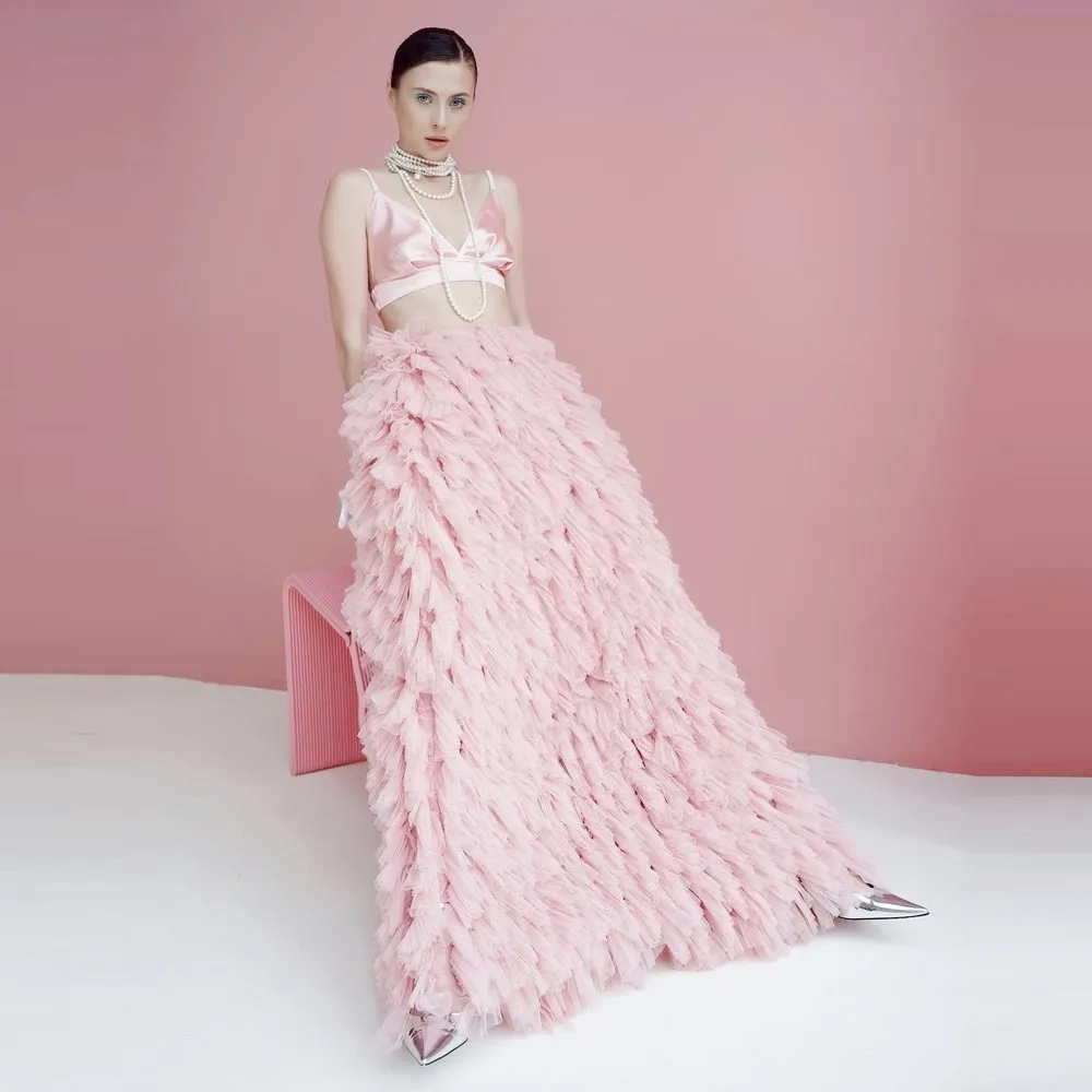 

Gorgeous Baby Pink Tulle Skirts Without Top Chic TUTU Tulle Sheath Maxi Skirt Wmen Party Wear Birthday Skirt For Photoes