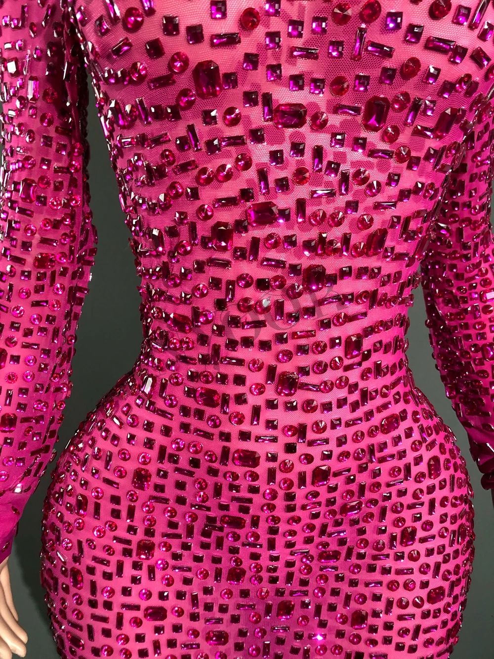 Vestido largo de manga larga con diamantes de imitación brillantes para mujer, vestidos sexys de malla para celebración de cumpleaños, vestidos de fiesta de noche, ropa para sesión de fotos