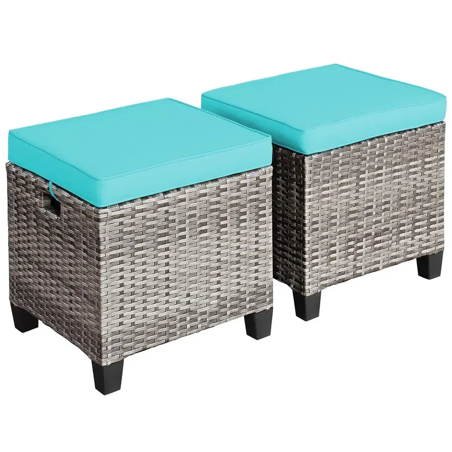 

2 Pieces Patio Rattan Ottomans, Outdoor Wicker Footstool Footrest Seat with Soft Cushions and Steel Frame, AllWeather Patio Otto