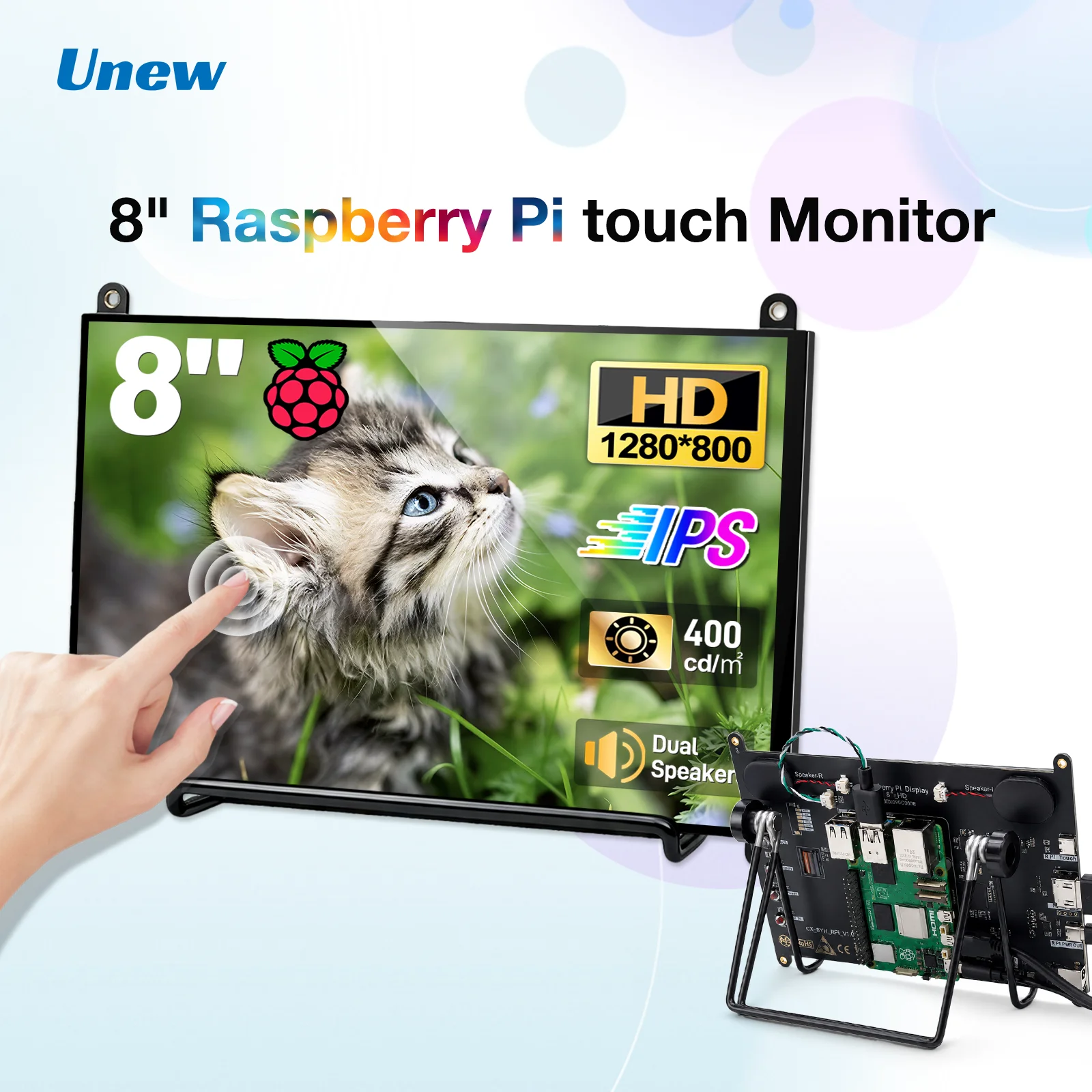 8 Inch IPS Touch Monitor 1280800 Screen Display for Raspberry Pi 5/4/3, Built-in Speakers, HDMI Type-C