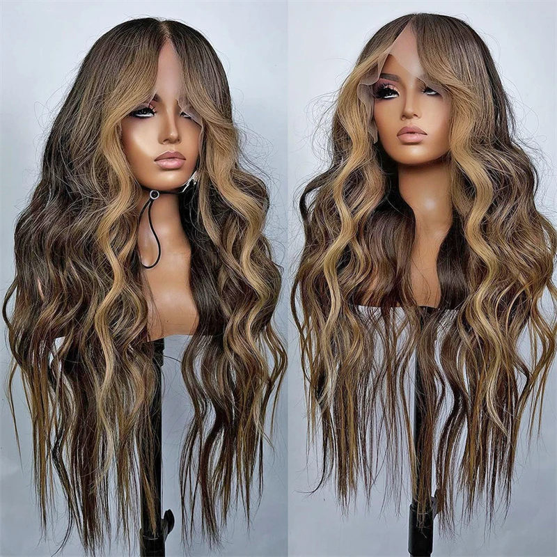 

Loose Curly Lace Front Wig Brown Honey Blonde Highlights High Heat Fibre Thick Density Cosplay Women"s Wig Halloween costumes