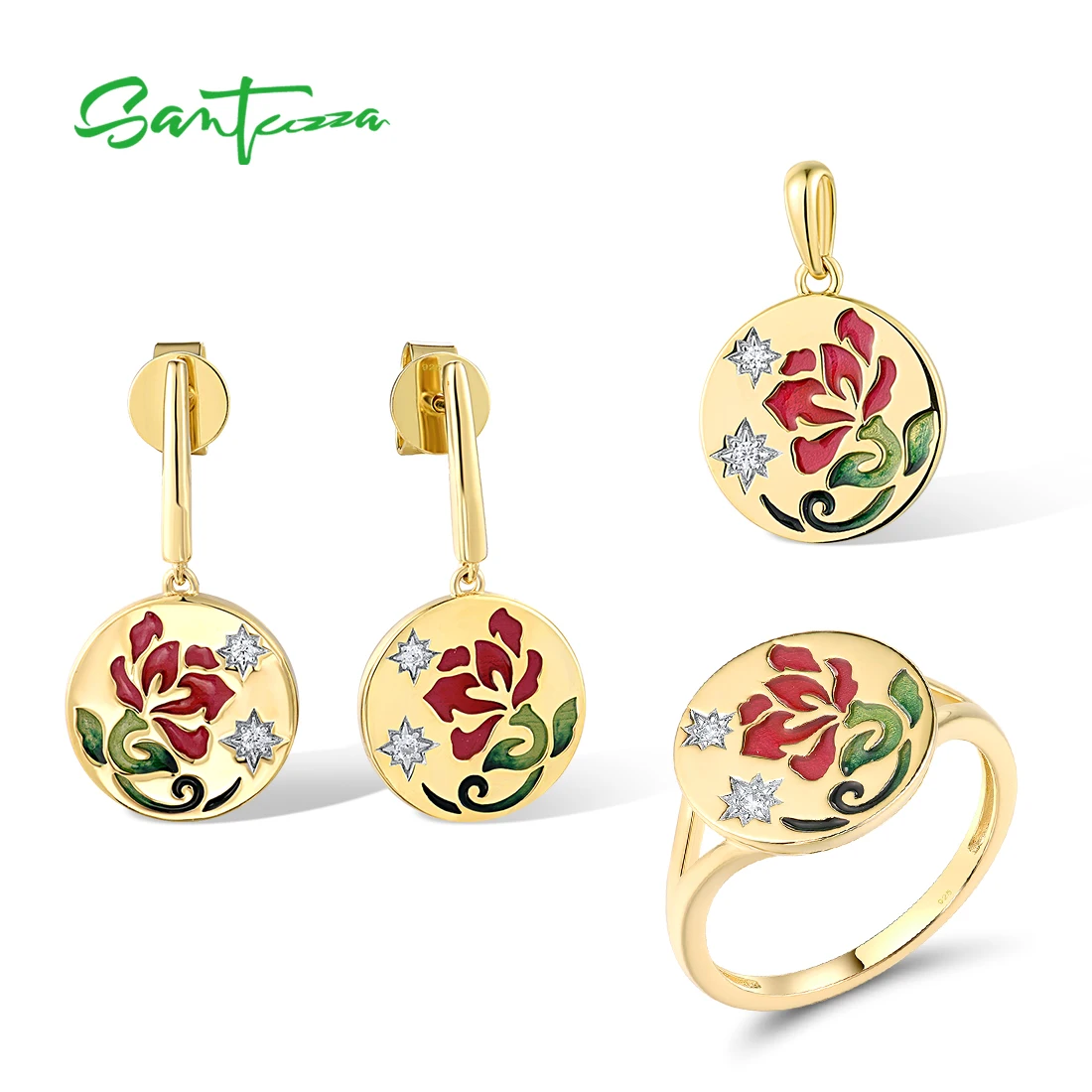 

SANTUZZA Jewelry Set For Women 925 Sterling Silver White CZ Red Flower Pendant Earrings Ring Antique Enamel Trendy Fine Jewelry