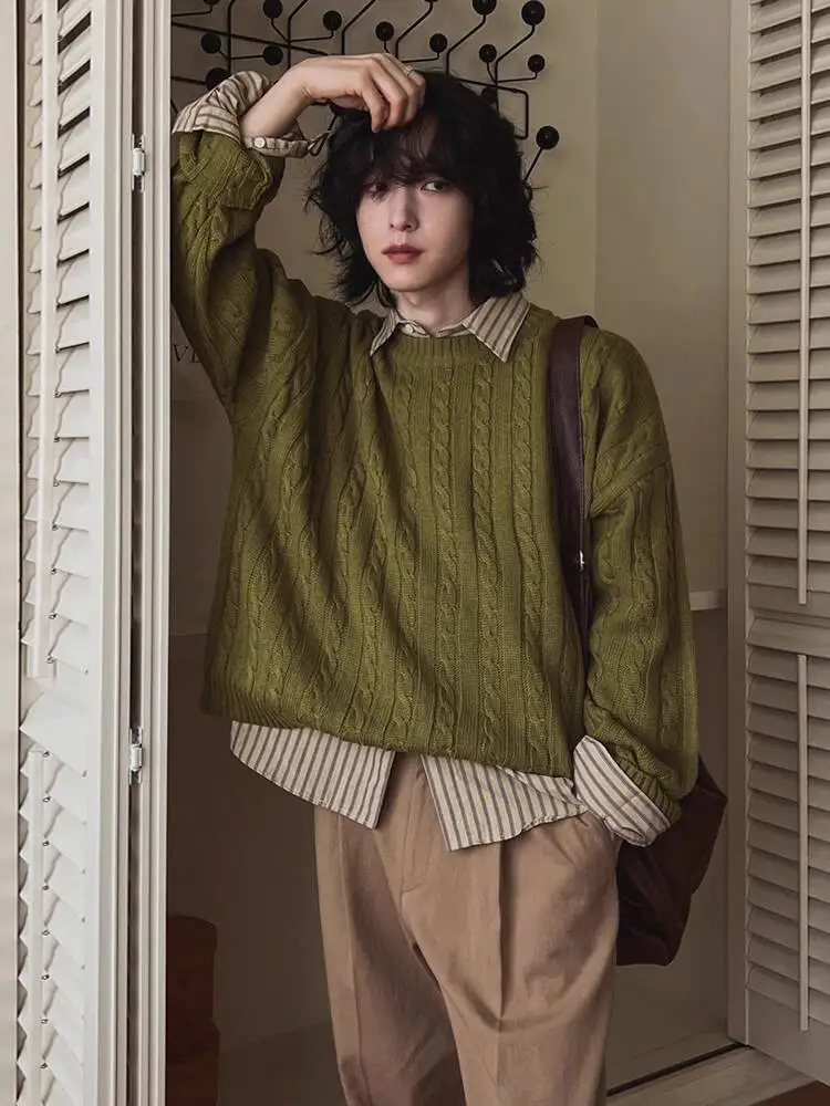 SYUHGFA بلوفرات متماسكة على الطراز الكوري سترات رجالية عتيقة برقبة دائرية سترة حياكة تناسب الجميع سترة رجالية تناسب شتاء 2025