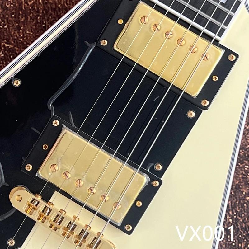 V‑Shape yellow Electric Guitar, Cream White Finish, Mahogany Body, Black Pickguard, Mahogany Body, Rosewood Fretboard, 22 Frets