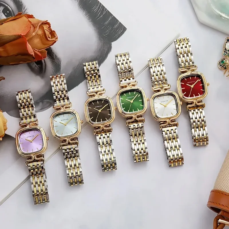 Fashion 2024 Women Simple Small Square Quartz Watch Luxury Ladies Stainless Steel with Gold Strap Business Clock Wristwatch