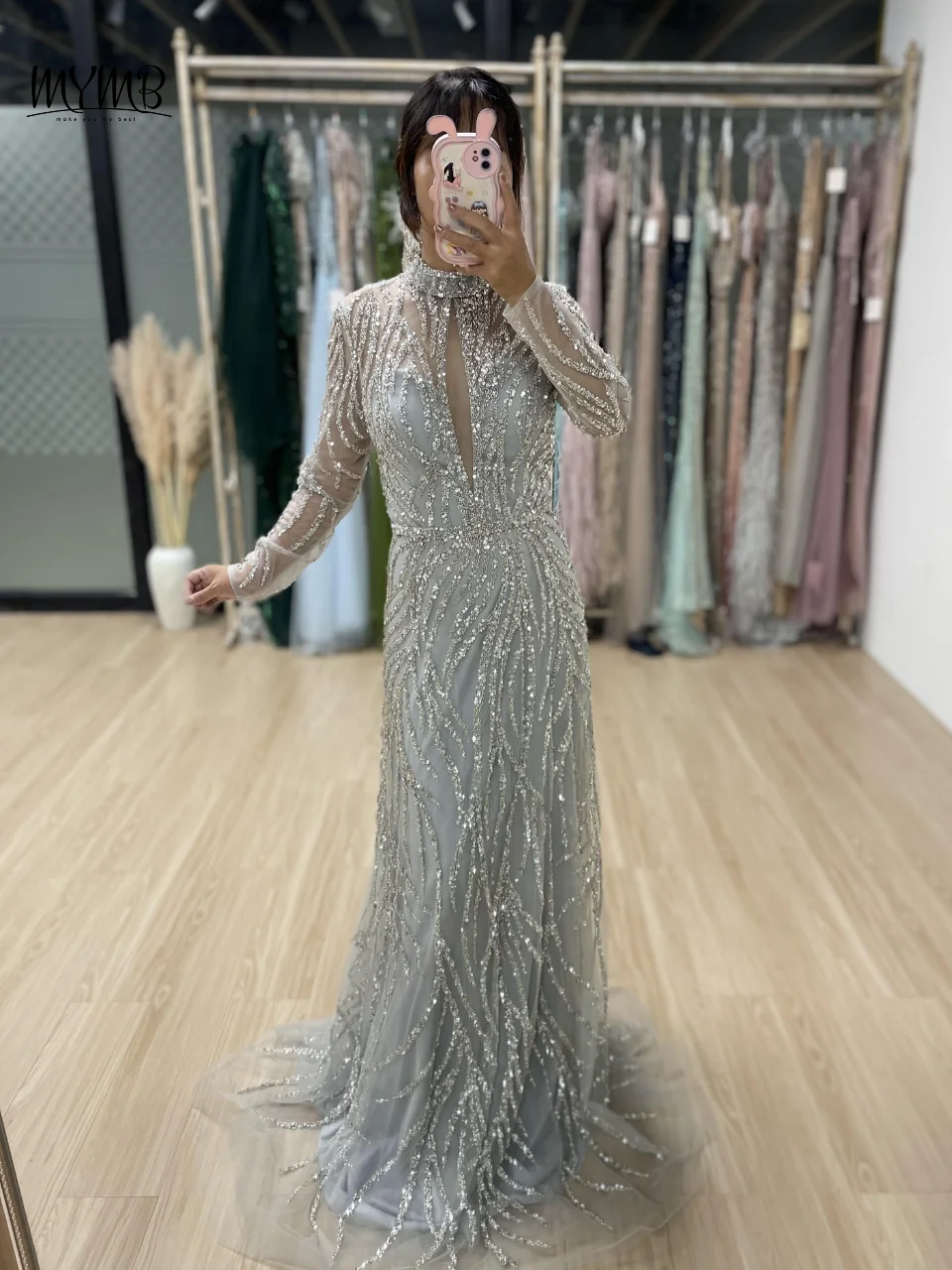 MYMB Elegant Long Sleeves A-Line Formal Occasion Dresses for Women Wedding Party Luxury Arabic High Neck Evening Gowns IRA279