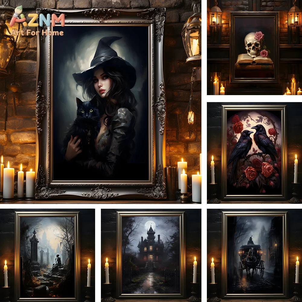 AZNM Dark Gothic Witch Canvas Wall Art Black Cat Raven Skull Haunted House Vintage Oil Print Unframed Canvas Painting For Hallow