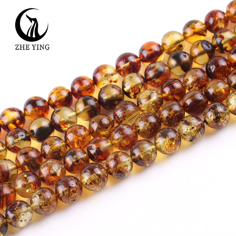 Zhe Ying Genuine Round Piebald Amber Beads Loose Natural Healing Power Stone Beads for Jewelry Making Bracelet Diy Accessories