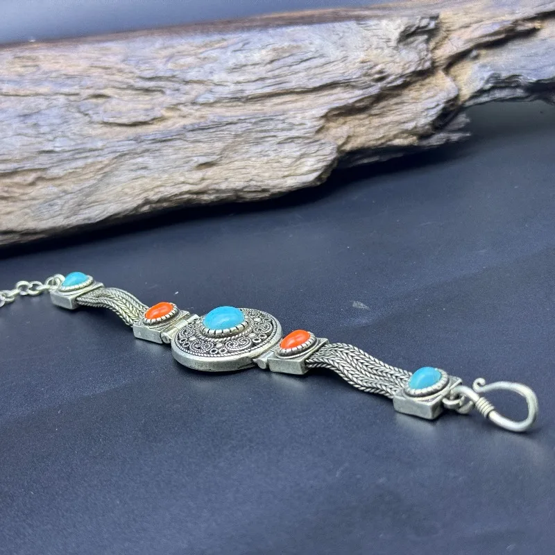 Vintage Tibetan Silver Bracelet, Turquoise & Red Coral Inlay Multi-strand Chain Ethnic Boho Women Wrist Jewelry