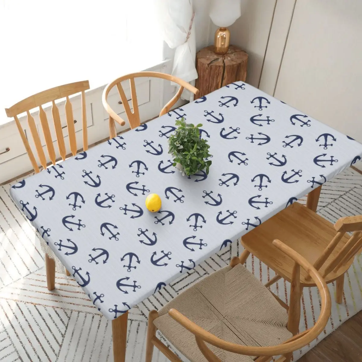 Maritime Of Blue Anchors On Light Gray Custom Rectangular Tablecloth Waterproof Table Cover for Dining Events Table Cloth