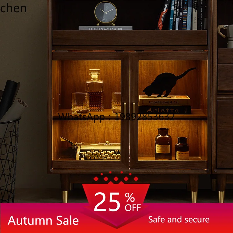 

solid wood wine cabinet black walnut modern simple living room glass storage side cabinet storage cabinet