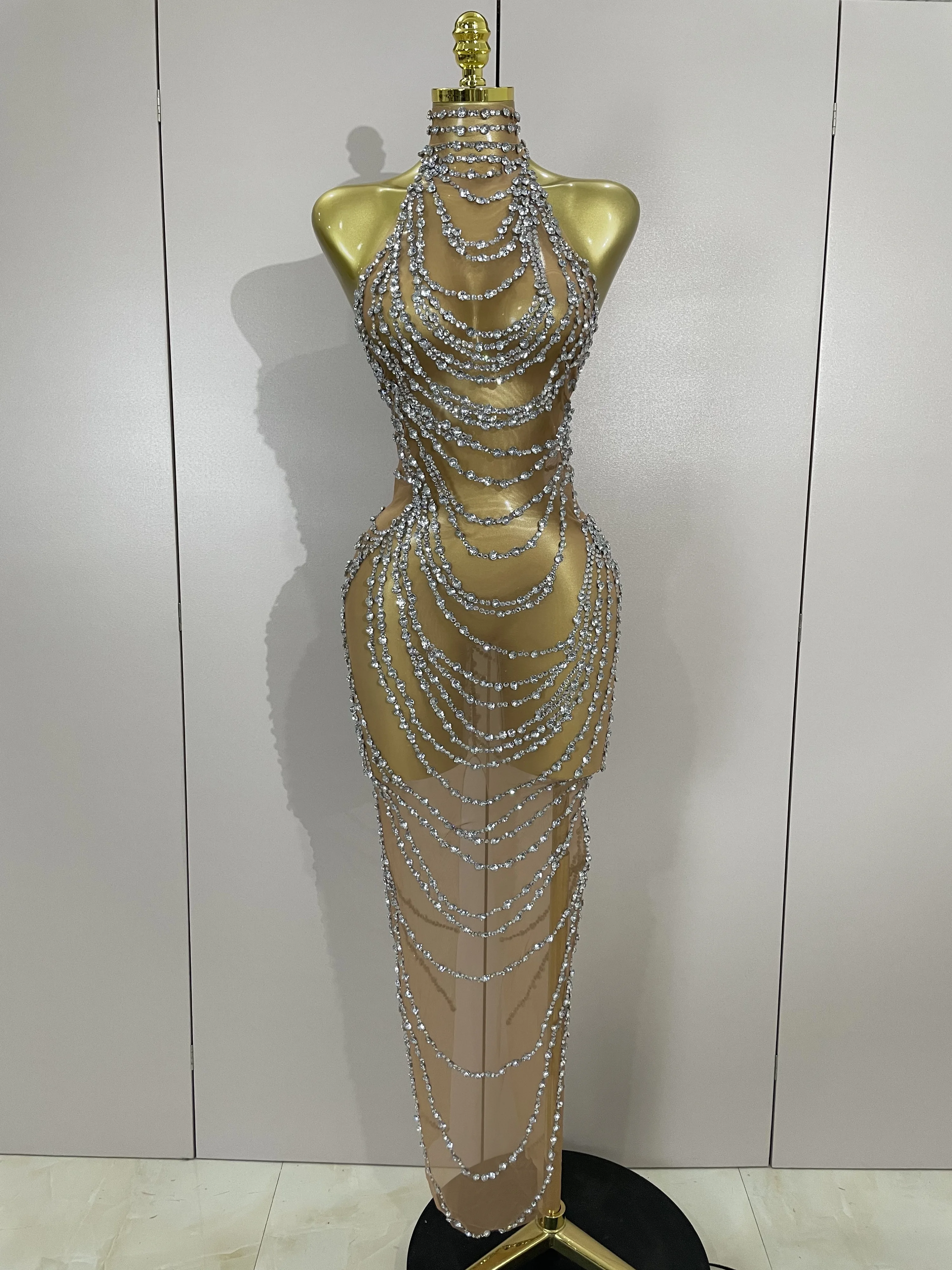 VIIZREL Long Mesh Dress Gold 3