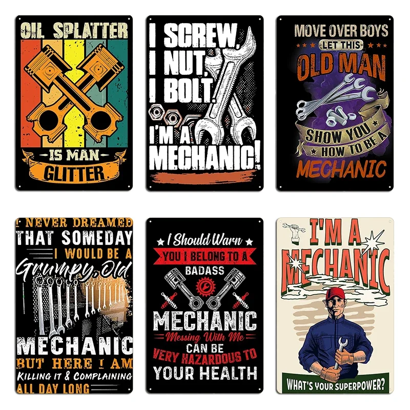 Grumpy Never Underestimate An Old Man With Mechanic Skills Mechanic Oil Splatter is man glitter Metal Plaque Tin Sign Poster