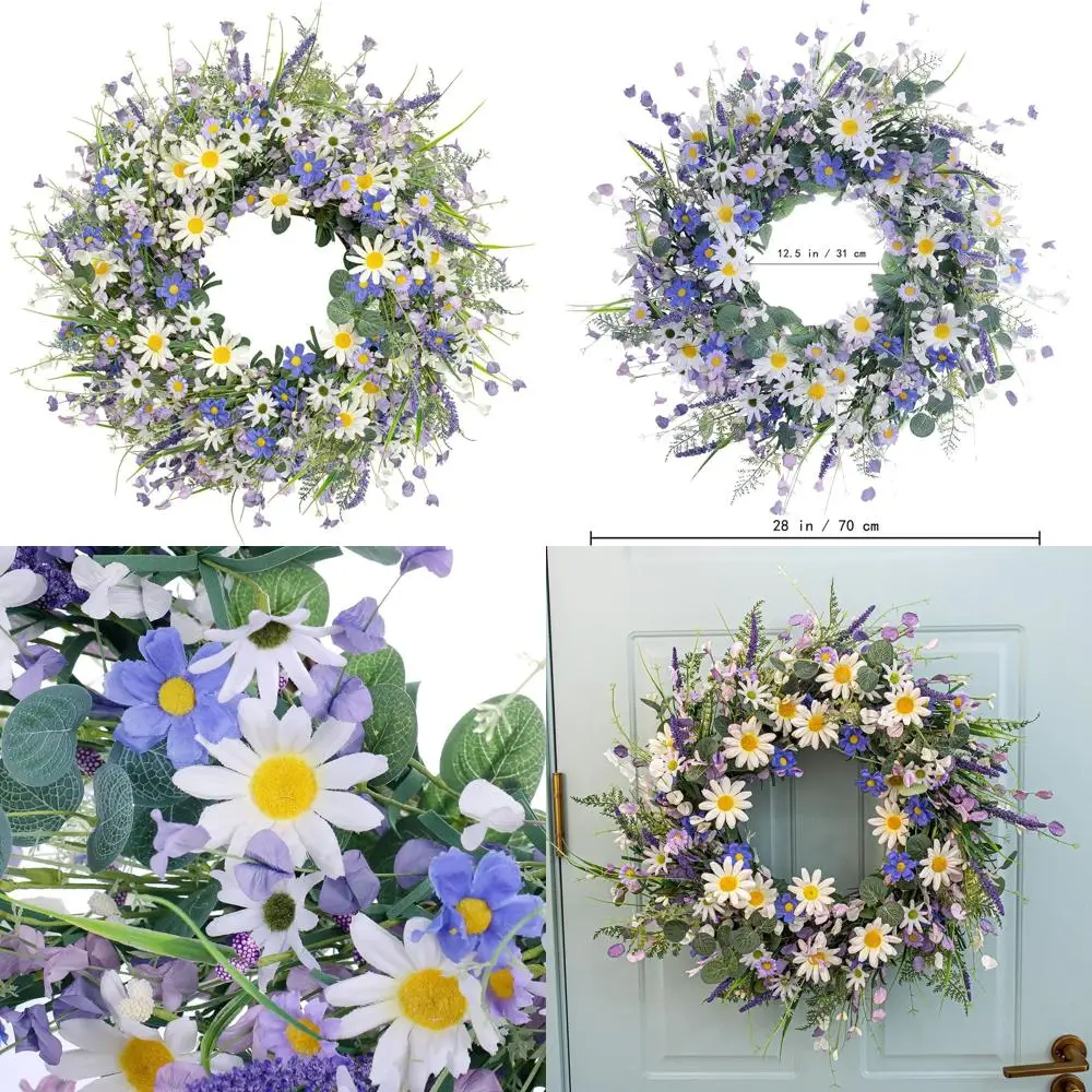 

28 Spring Wreath for Front Door - Floral Summer Wreath with White Sunflowers, Lavender, and Wildflowers for Home Decor