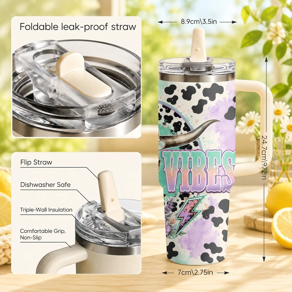Abstract and Wild Vacuum Flasks 40oz Stainless Steel Tumbler with Handle Straw Lid Vacuum Insulated Double Wall Leak Proof