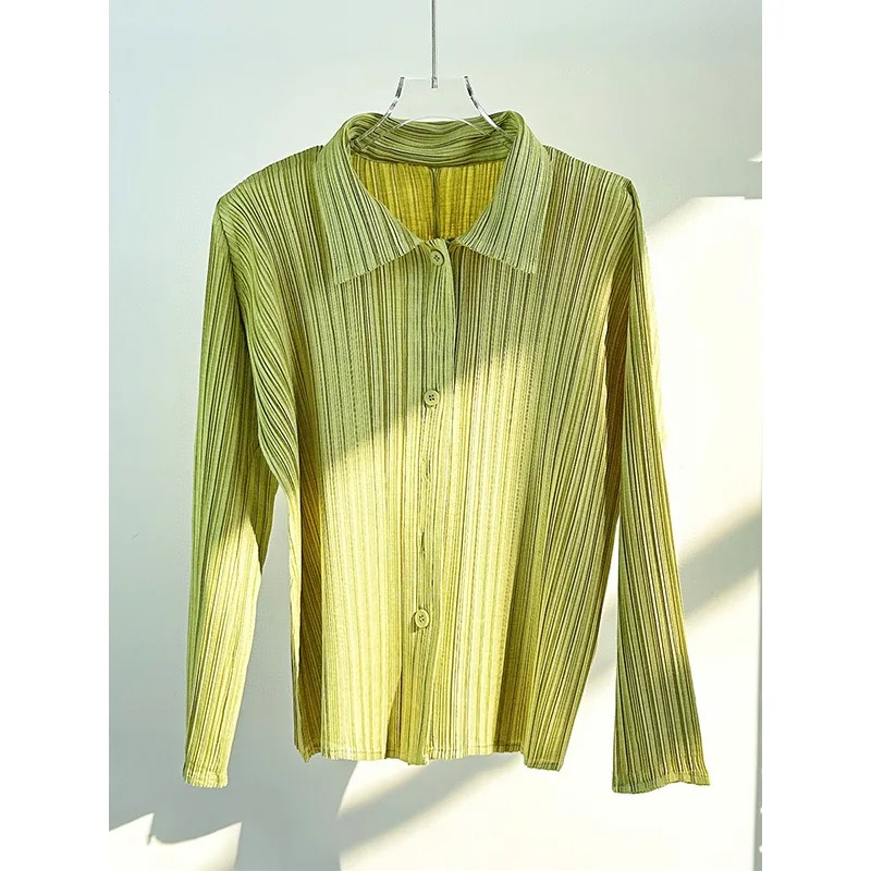 Miyake Japan Plissee-Shirt für Damen, 2026, neues Revers, einreihig, einfarbig, langärmelig, vielseitige Oberteile, Außenjacke, Kleidung