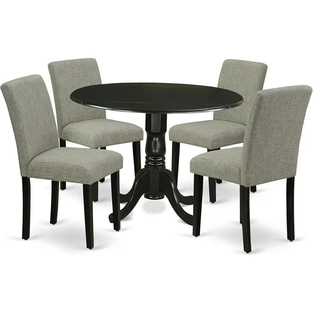 Modern 5 Piece Dining Set with Round Dropleaf Table and 4 Padded Shitake Linen Chairs Home and Kitchen