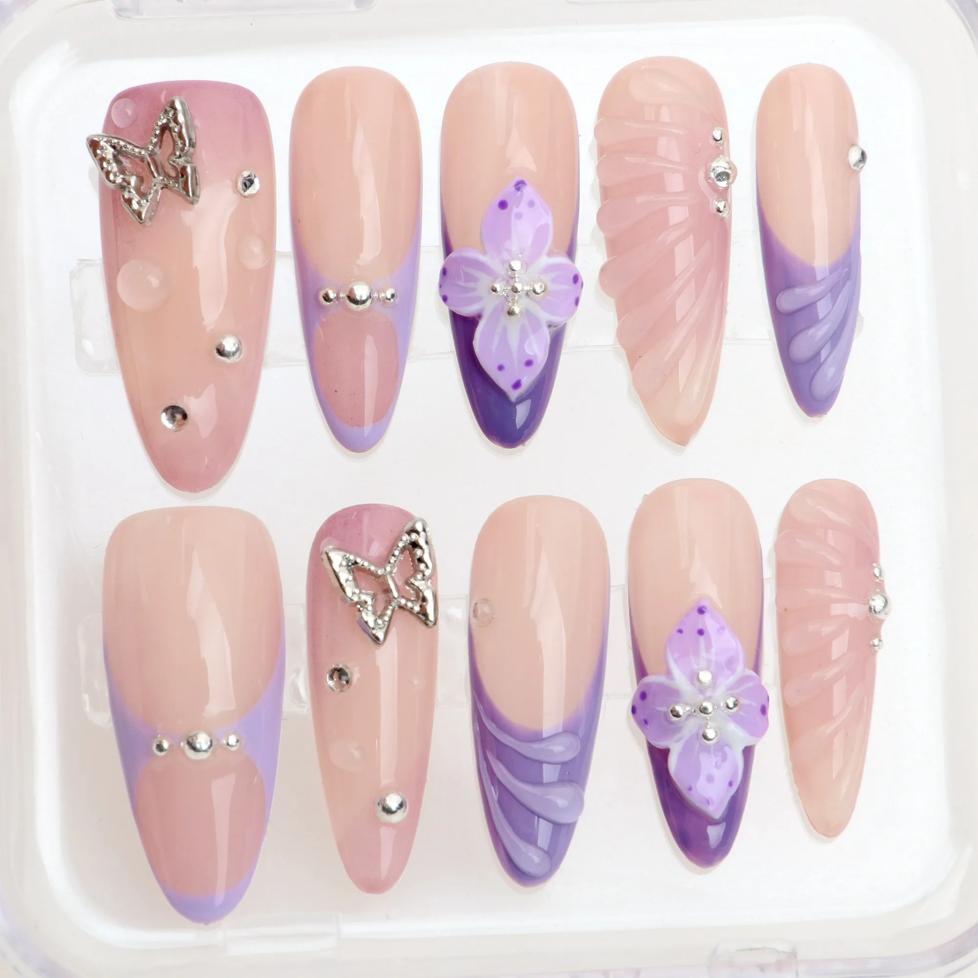 

10Pcs Handmade Manicure Long Almond Fake Nails Unique 3D New Cut Flowers Press On Nails Design with Adhesive Nail File Set