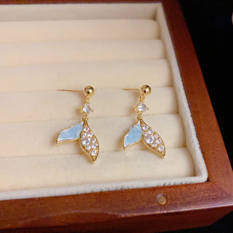Japanese and Korean Versatile Blue Zircon Fish Tail Drop Earrings For Women Party Cute Bohemia Elegant Light luxury Jewelry