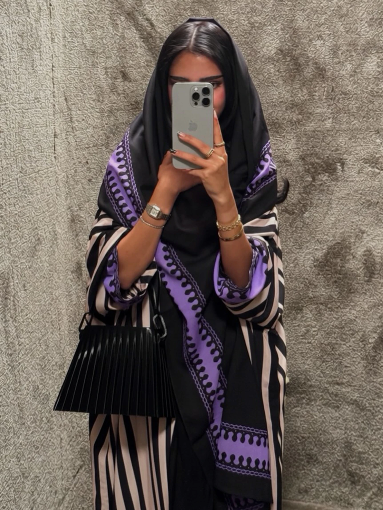 Elegant Traditional Arabic Fashion Abaya Loose-Fitting Long-Sleeved Striped Printed Abaya Robe