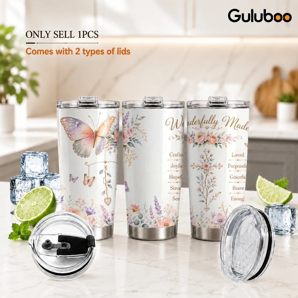Faith Butterfly Cross Vacuum Flasks 20oz Long Lasting Hot Cold Drinks Container Leakproof Stainless Steel Cup&Straw&Travel Gift