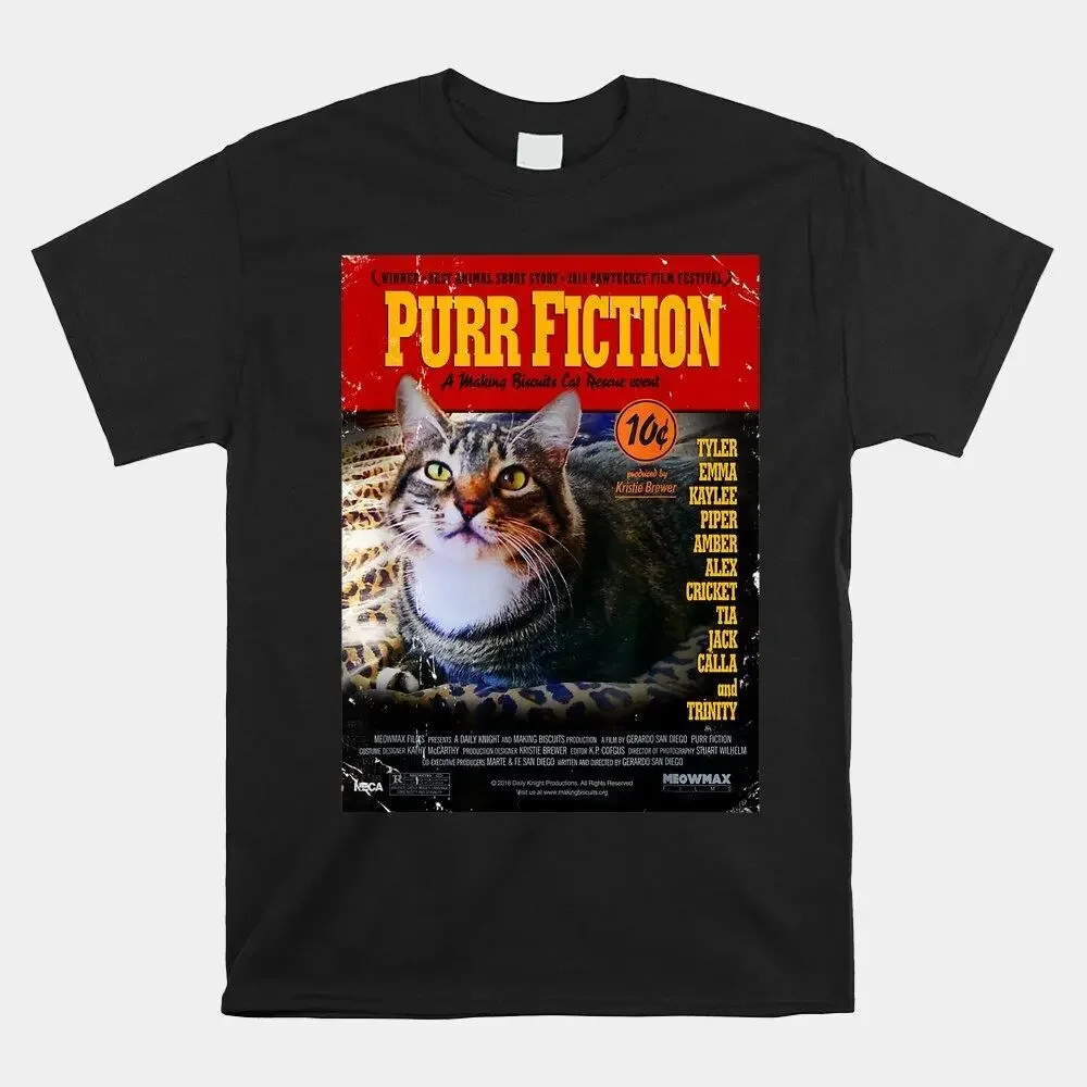 Purr Fiction Cat And Mouse Top Cute Retro Vintage Unisex T-Shirt, Size S-5XLHigh Quality 100%Cotton Short Sleeve